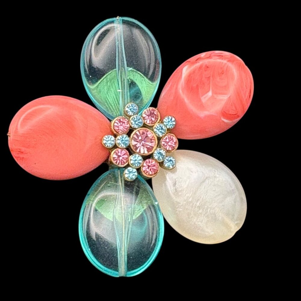 Vintage Rhinestone & Lucite Flower Brooch With Pink & Blue Crystal Accents